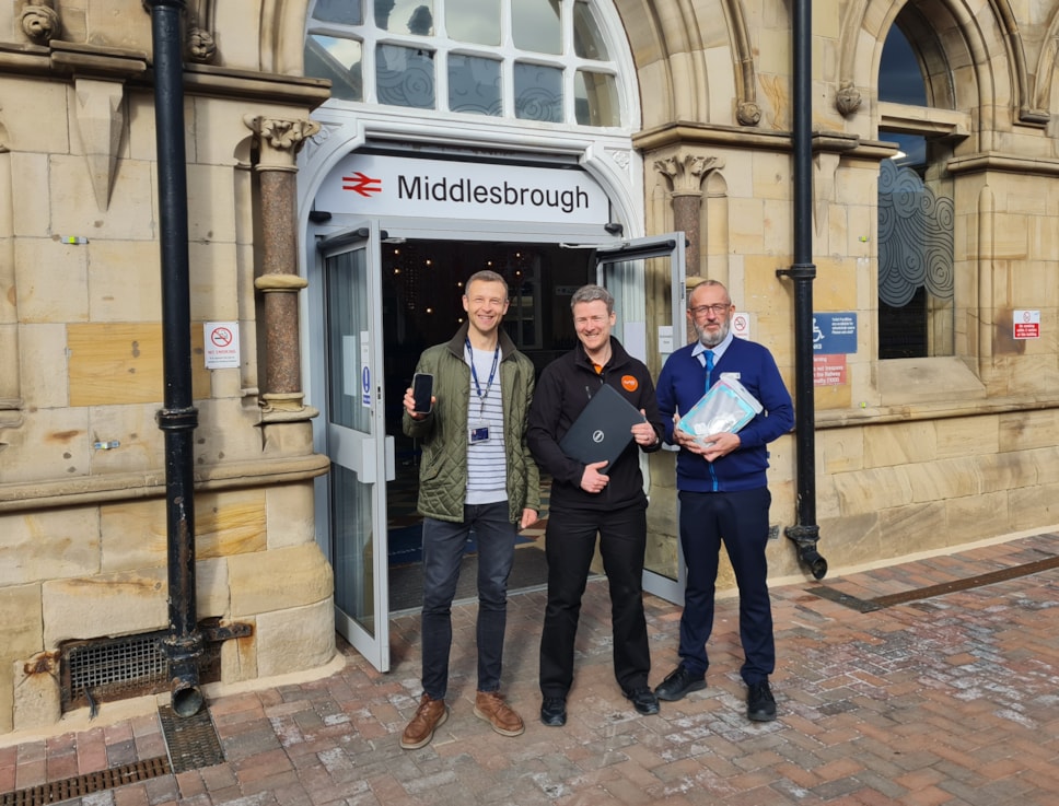 Donations to Furbd. L-R Steve Gilder, Environment Delivery Lead at TPE, David Thomas from Furbd and Austin Henry Duty Station Manager at TPE