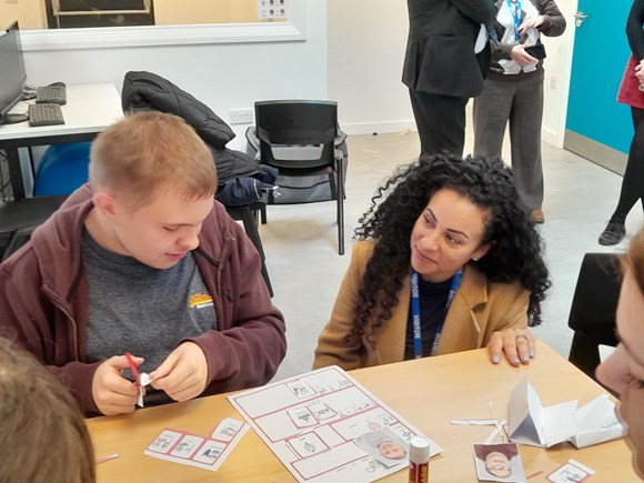 Hertfordshire’s new SEND employment forum helps local businesses become inclusive employers: Cllr Caroline Clapper with a pupil at the community classroom