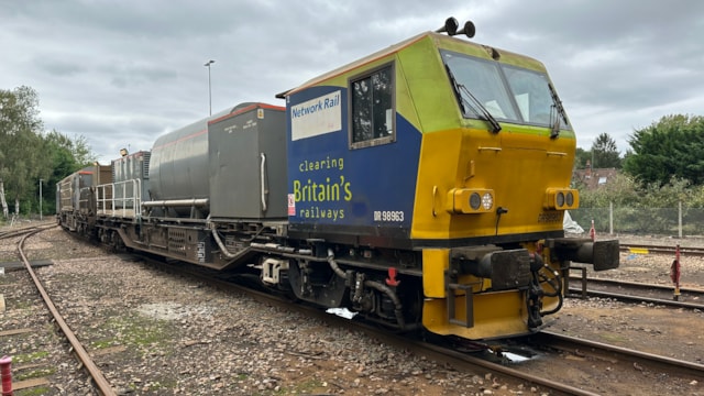 One of the 19 special 'leaf buster' trains Network Rail Southern region uses to keep the tracks free from leaves