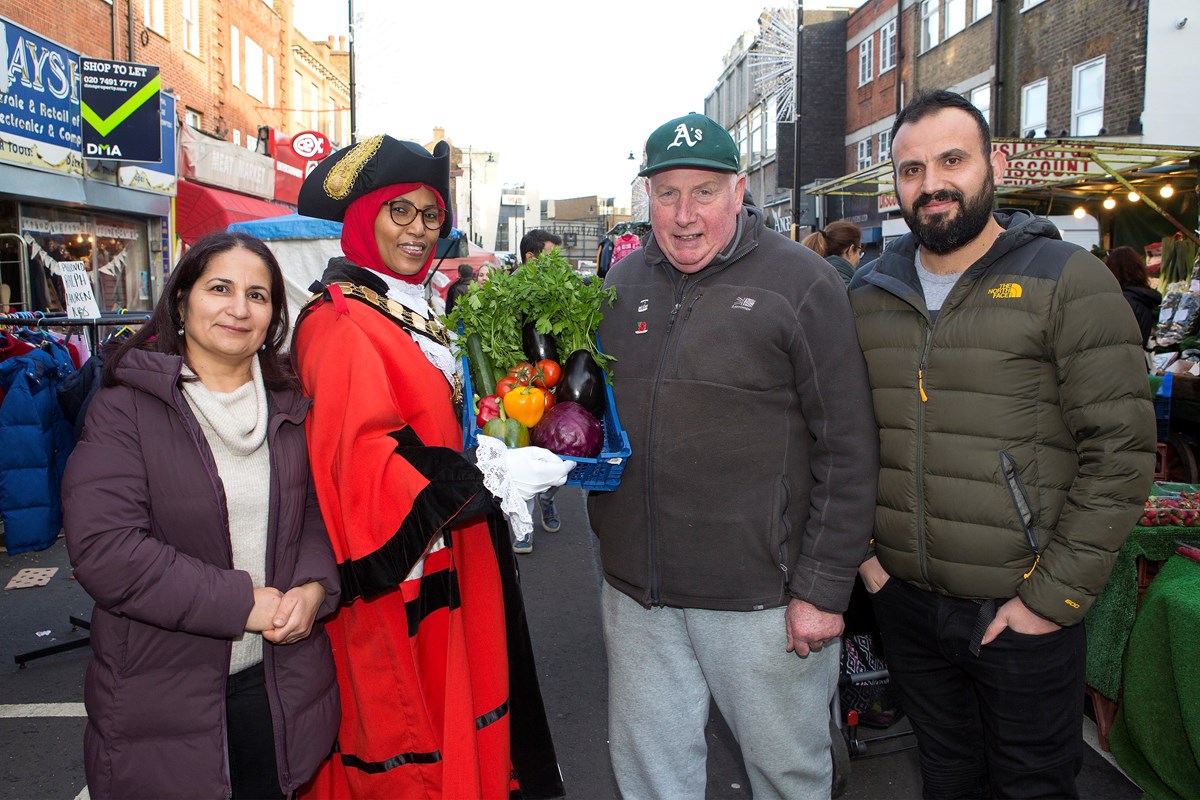 Islington Market Trader of the Year 2019 - (L-R) Serpil Erce, the Mayor of Islington Cllr Rakhia Ismail, Dave Jackson, Racheed Muhammed of Sunny's Olive Tree