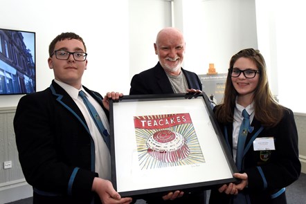 Doon Academy pupils Eilidh McHattie and Ryan Bartolo present Sir Tom with a gift painted by fellow pupil Erin Barr