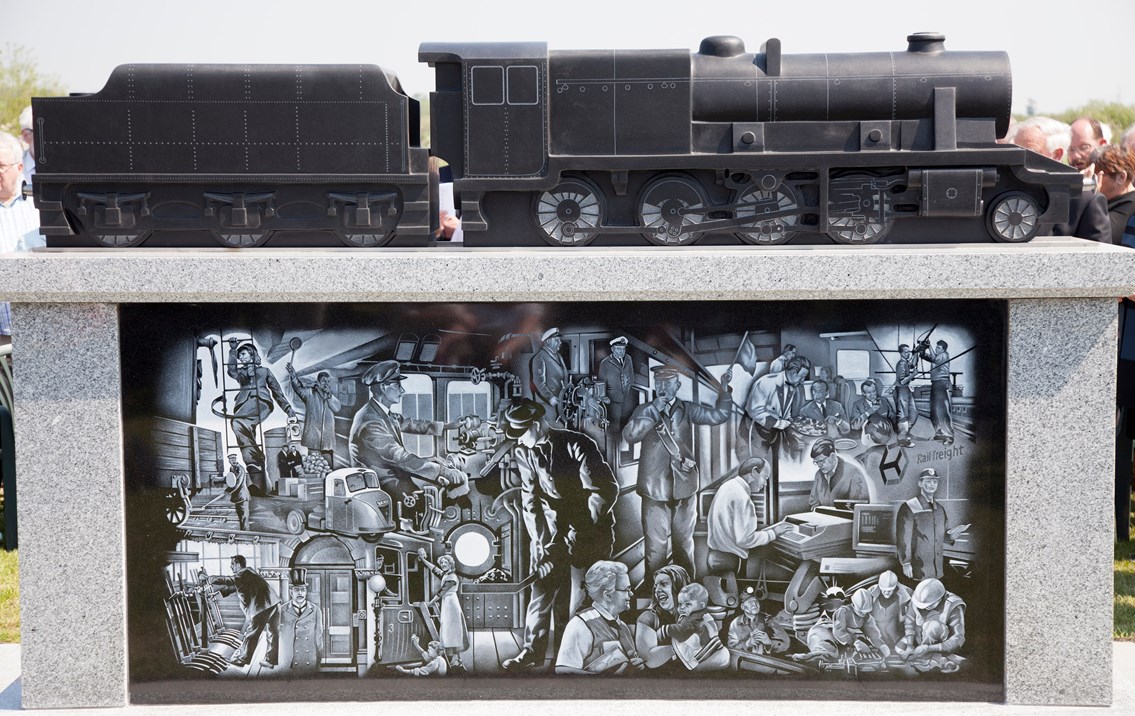 National Railway Memorial: The reverse of the memorial showing the montage of images representing the many aspects of the railways over the decades.