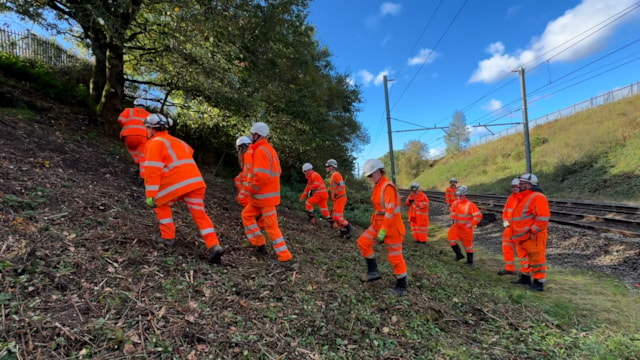 Network Rail and QTS teams inspecting a railway cutting in Warrington on the Chat Moss line October 2026: Network Rail and QTS teams inspecting a railway cutting in Warrington on the Chat Moss line October 2026
