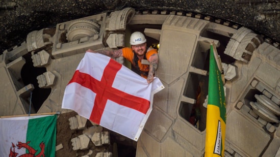 HS2 celebrates final Birmingham tunnel breakthrough: Flags waved through the front of TBM Elizabeth after her breakthrough at Washwood Heath Oct 2025