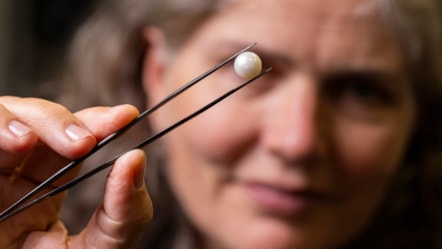 Dr Rachel Walcott, Principal Curator of Earth Systems at National Museums Scotland with the Abernethy Pearl. Image copyright Duncan McGlynn (2)