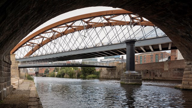 Ordsall Chord footbridge opens reconnecting Salford and Manchester: View from underneath Stephenson bridge of new footbridge under Ordsall chord when completed in 2017 - Credit BDP / Paul Karalius