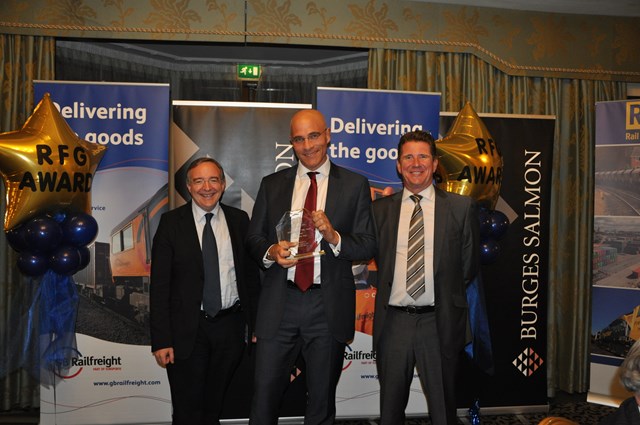 Network Rail's freight director Paul McMahon collects the Business of the Year award from the Rail Freight Group: Left - Simon Coppen (Burges Salmon LLP)

Centre – Paul McMahon (Network Rail)

Right – John Smith (GB Railfreight)