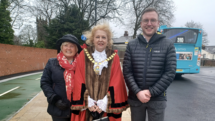 Lancashire County Councillor Nikki Hennessy, Mayor of West Lancashire Cllr Marilyn Westley and Lancashire County Councillor Scott Smith, lead member for highways and active travel, (l-r), at Ormskirk's new bus station