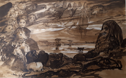 Sketch by John Francis Campbell, thought to be made with peat. The sketch shows a vision of many different characters that appear in Gaelic folktales, from the medieval heroes (at the back) to mythical and supernatural beings, such as witches, cats, water creatures etc. Campbell later developed this