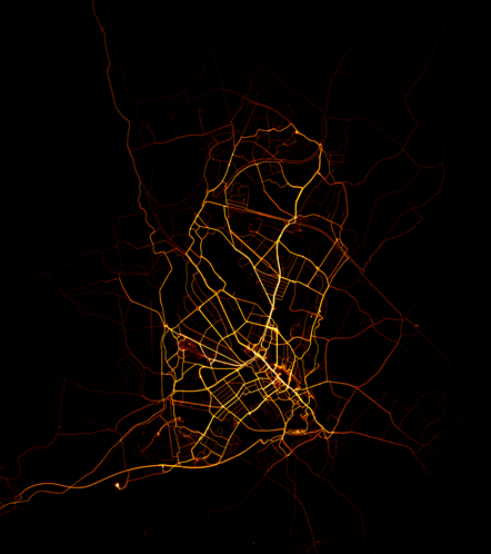 A heatmap showing the usage hotspots of Beryl bikes and e-bikes during 2021. The data was obtained using Beryl's unique advanced GPS system. The brighter the area, the more often people cycle on it.