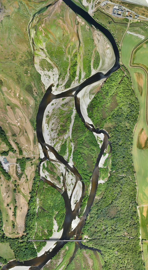 Aerial photograph showing Spey bay area from the Garmouth Spey viaduct to the Whale & Dolphin Centre. (c)Matthew Harmsworth@ROAVR: Aerial photograph showing Spey bay area from the Garmouth Spey viaduct to the Whale & Dolphin Centre. (c)Matthew Harmsworth@ROAVR