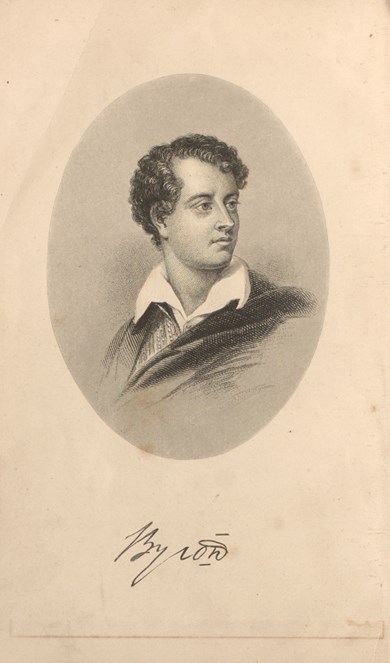 An engraved frontispiece portrait of Byron from 'The poetical works of Lord Byron'. Edinburgh: William P. Nimmo, ca. 1870.