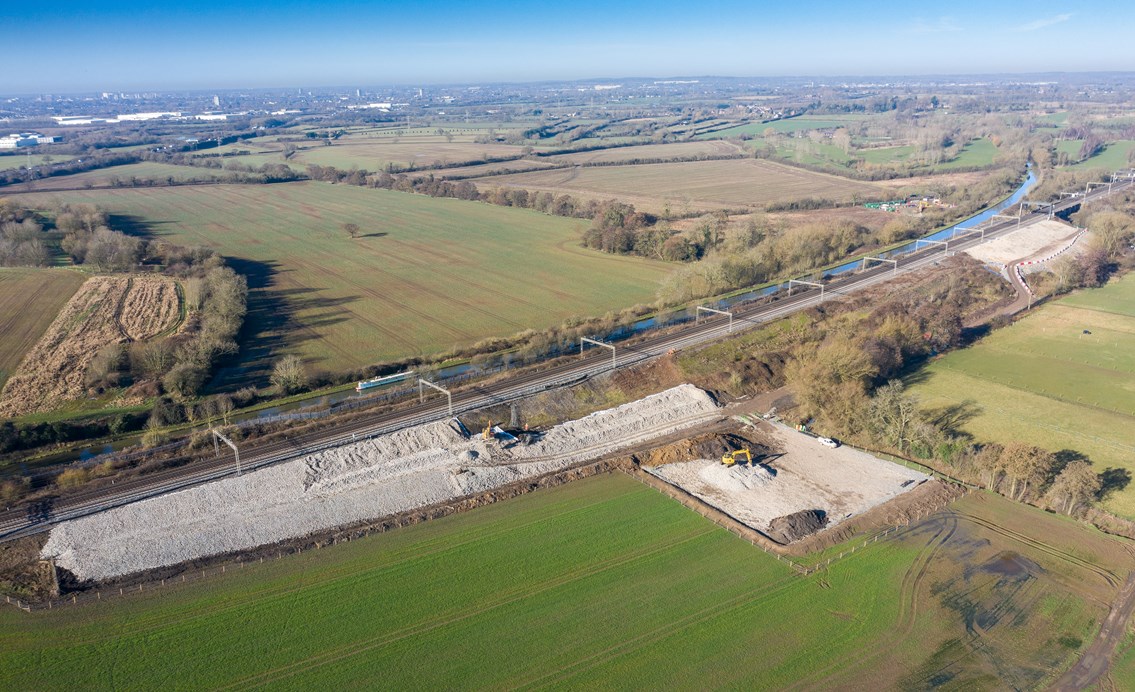 Full wide shot of 1km stretch of railway being strengthened at Hopsford Hall Spring 2021-2