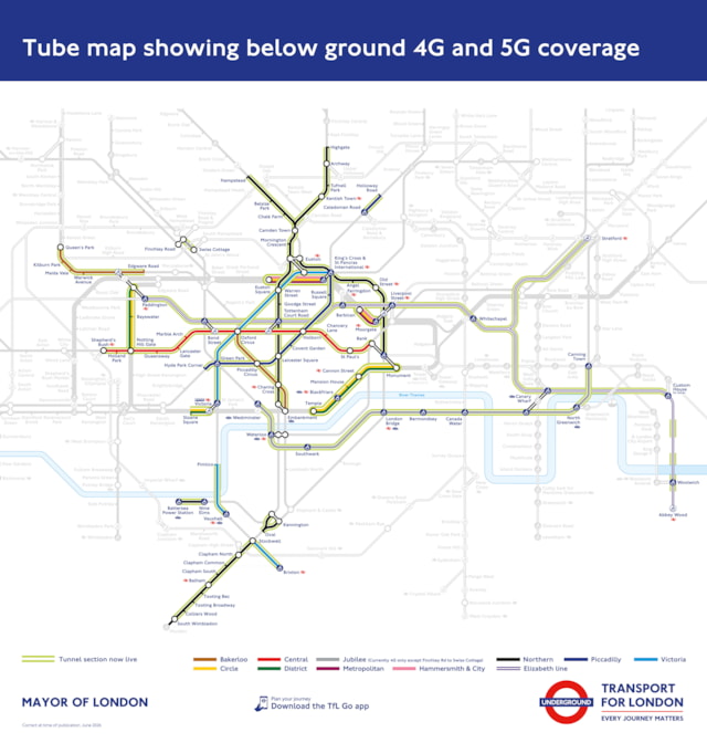 TfL Image - Tube map showing below ground 4G and 5G coverage June 2026