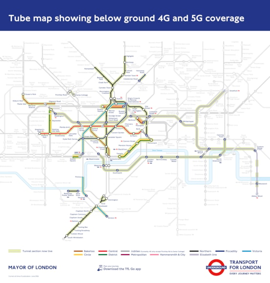 TfL Image - Tube map showing below ground 4G and 5G coverage June 2026