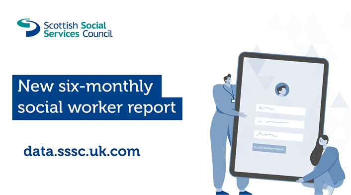 Six-monthly social worker report image: Graphic saying six-monthly social worker report with data website data.sssc.uk.com underneath and two characters holding a tablet device.