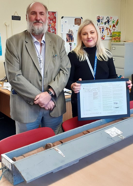 HS2 presents core earth sample from the Triassic Period to local primary school: Headteacher Mrs Rudd is presented with a Triassic Period rock sample