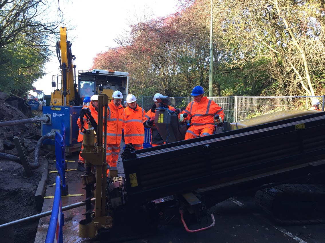 Local MP Lindsay Hoyle being shown the flood prevention work at Euxton, Lancashire