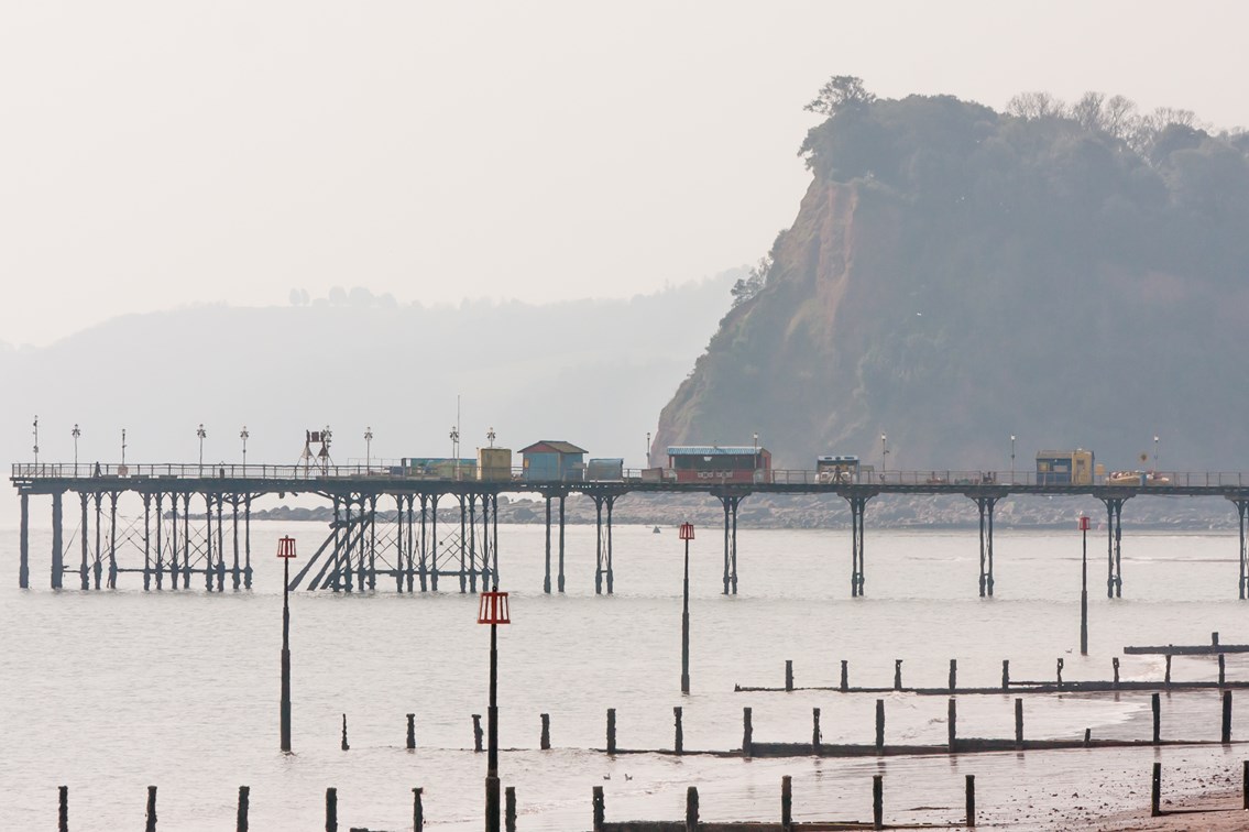 Pier at Teignmouth: Unmanned Aerial Vehicle (UAV) being launched from a Rigid Inflatable Boat (RIB) at Teignmouth as part of a geological survey to improve the resilience of the railway between Exeter and Newton Abbot