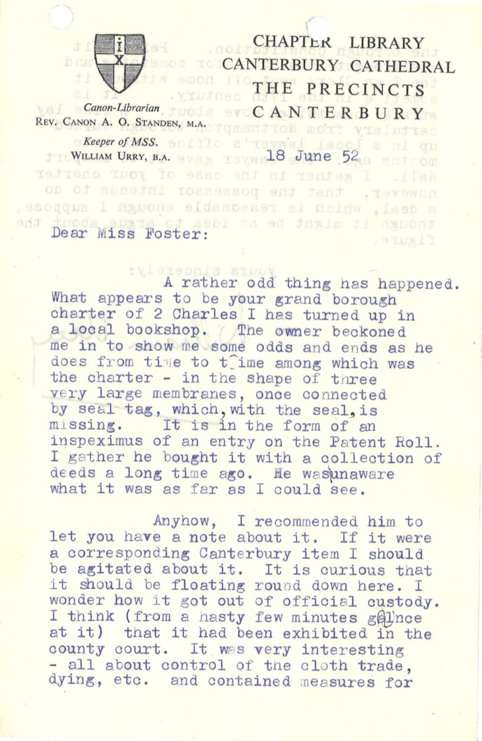 The Leeds Charter: A letter sent by wrote William Urry, an Archivist in Canterbury, to his friend, and former Leeds City Archivist, Miss A. G. Foster in 1952 following the discovery of a copy of The Leeds Charter in a local bookshop.
Image credit West Yorkshire Archive Service: LLD1/2/812470