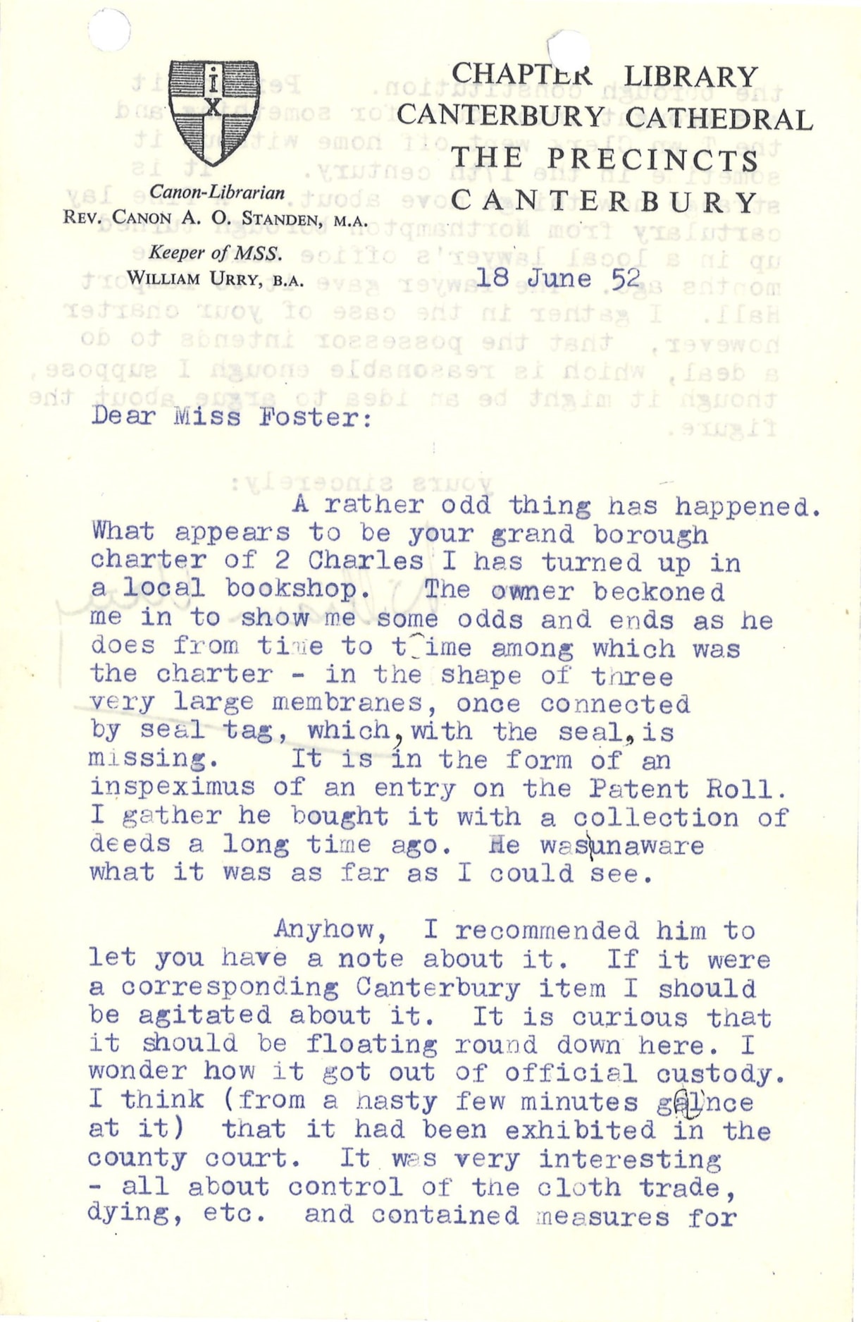 The Leeds Charter: A letter sent by wrote William Urry, an Archivist in Canterbury, to his friend, and former Leeds City Archivist, Miss A. G. Foster in 1952 following the discovery of a copy of The Leeds Charter in a local bookshop.
Image credit West Yorkshire Archive Service: LLD1/2/812470