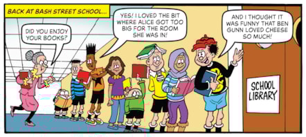 Back at Bask Street School... a row of children queue up outside their school library