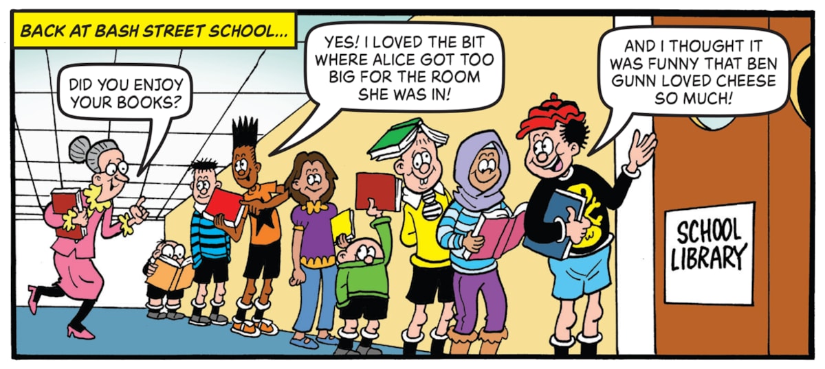 Fresh from their visit to the National Library of Scotland, The Bash Street Kids are queuing up for their school library.