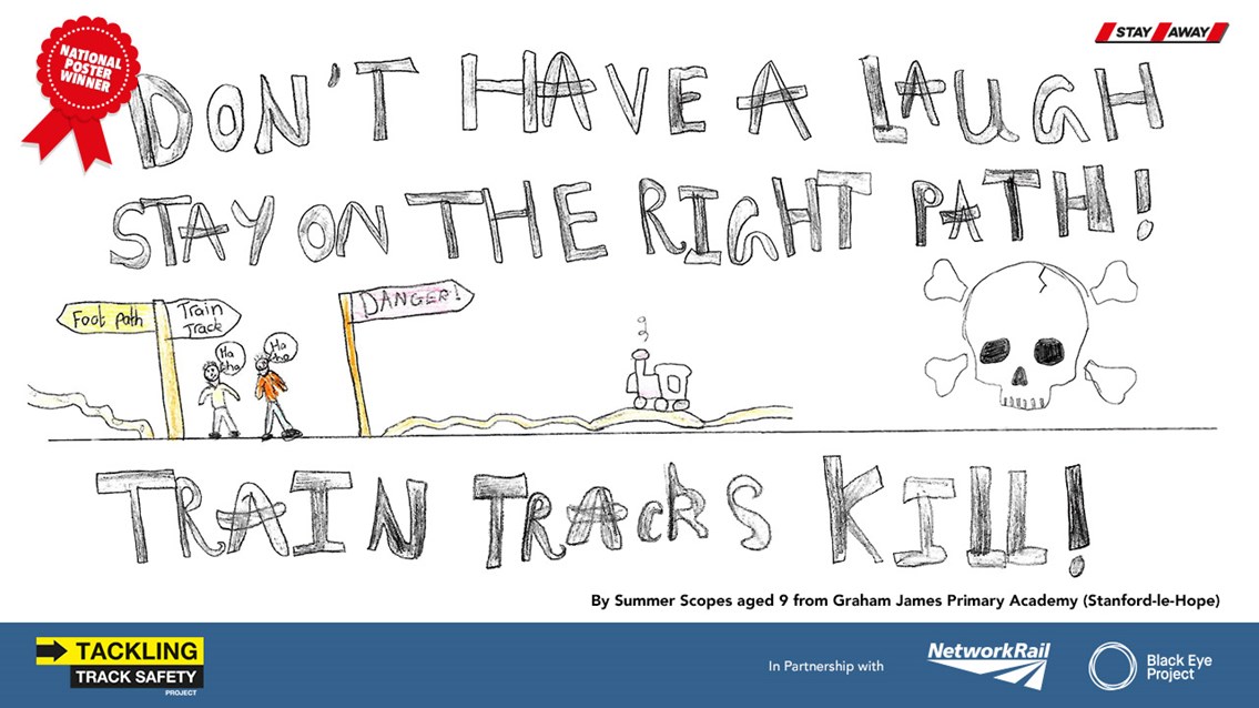NINE-YEAR-OLD GIRL DESIGNS NEW NATIONAL RAILWAY SAFETY CAMPAIGN: Stay off the tracks OIS Poster National Winner