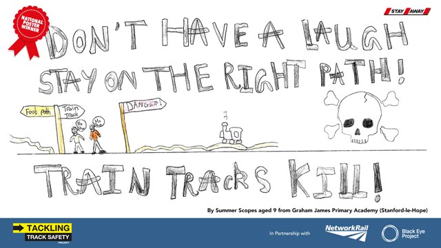 NINE-YEAR-OLD GIRL DESIGNS NEW NATIONAL RAILWAY SAFETY CAMPAIGN: Stay off the tracks OIS Poster National Winner