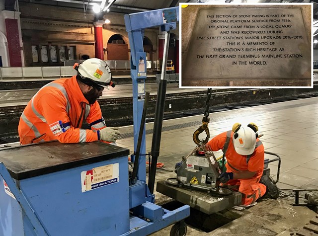 180-year-old platform stone revived at Liverpool Lime Street to celebrate station’s past: Yorkstone being positioned with inscription inset