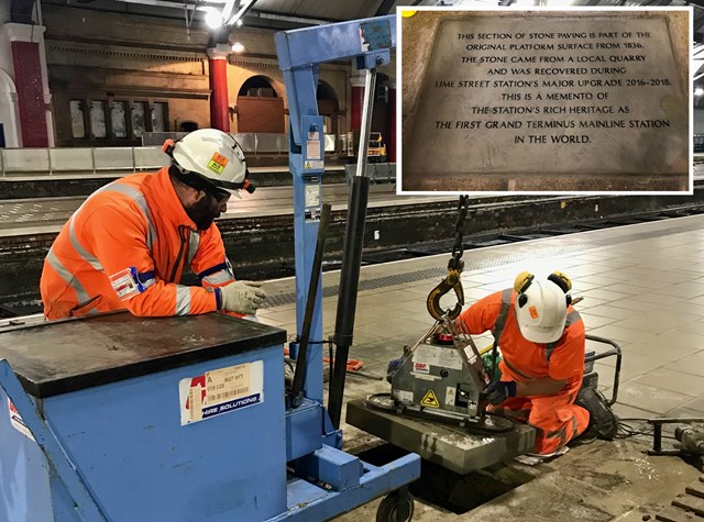 Yorkstone being positioned with inscription inset