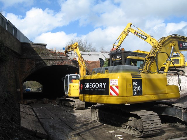 St Cross, Winchester - During: Demolition begins on the old structure at St Cross, Winchester with the road above now open to traffic.