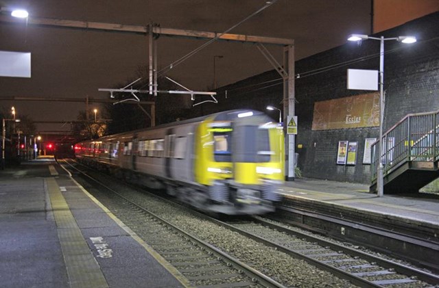 NW electrification: first train travelling through Eccles 8 Dec 2013