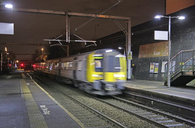 Network Rail delivers first phase of North West electrification: NW electrification: first train travelling through Eccles 8 Dec 2013
