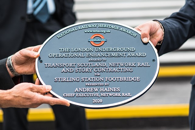 National Railway Heritage award plaque for refurbishment of Stirling station footbridge