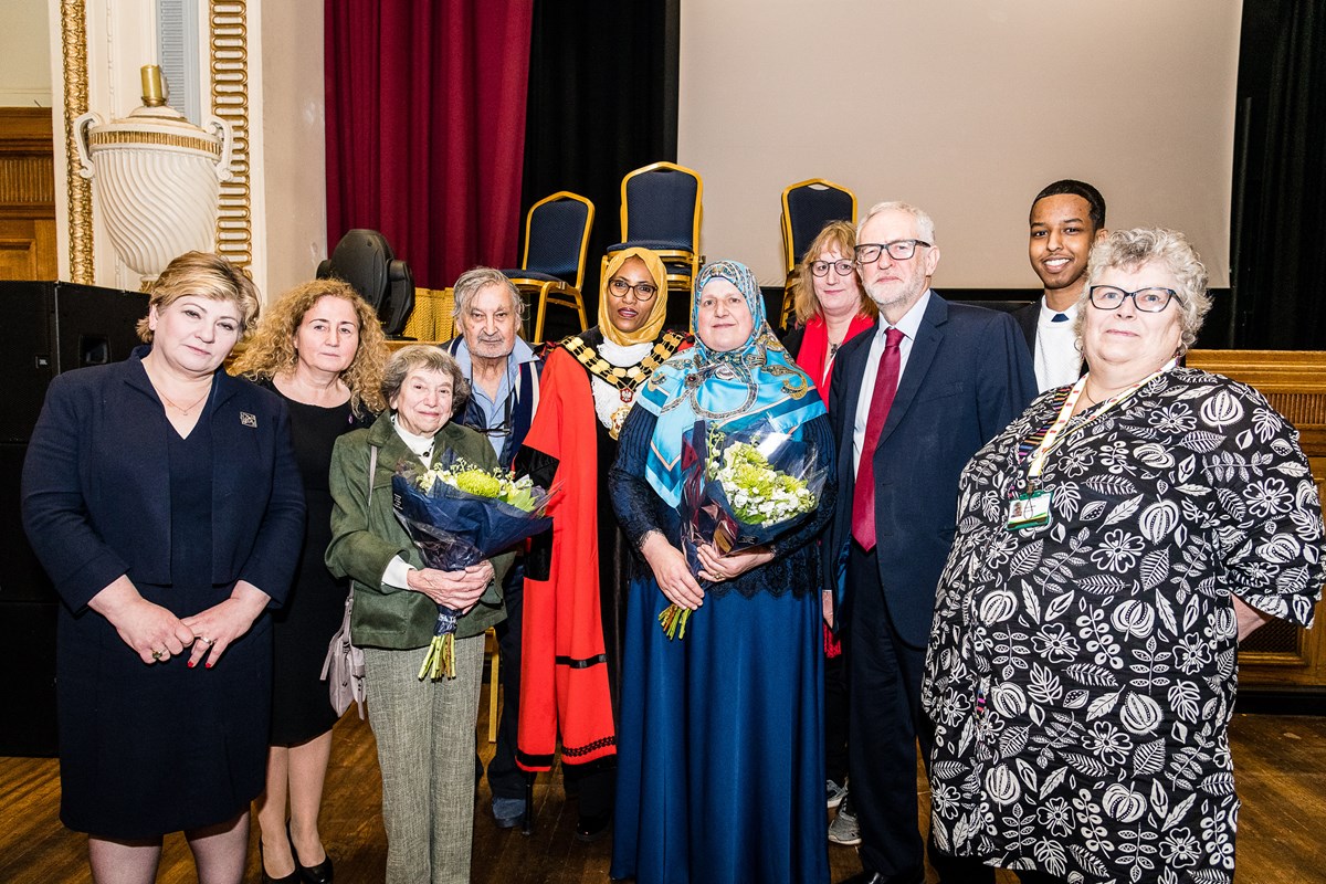 From left: Islington South MP Emily Thornberry, Islington Council Executive Member for Community Cllr Una O’Halloran, Holocaust survivor Hana Kleiner and husband Cedric Isaac, Mayor of Islington Cllr Rakhia Ismail, Bosnian Genocide survivor Mevlida Lazibi, Camden and Islington LGBT forum Executive