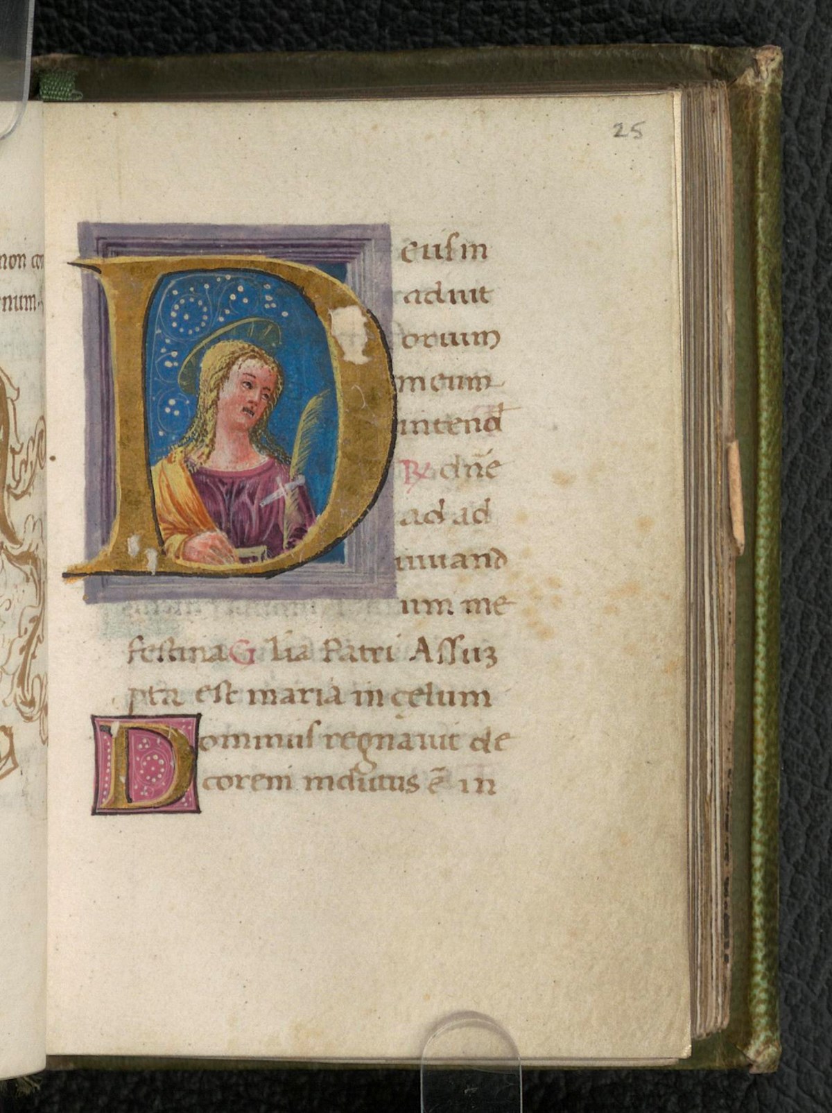 The National Library's collection of Italian manuscripts includes some very fine examples. This tiny portable 15th-century Book of Hours is written on very fine vellum and beautifully illuminated. Pictures of saints appear in golden initials, and there are some larger illustrations.