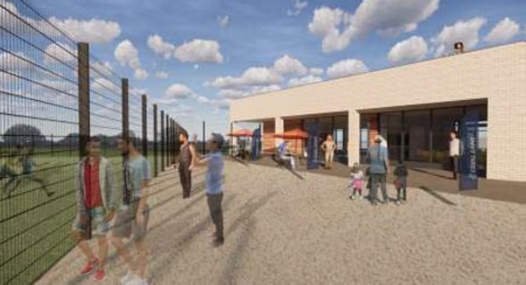 Green Park1: Artists impression of the Green Park Sports Hub, showing people outside the hub watching activity on the new sports pitch