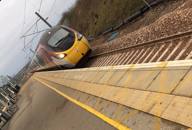 First Virgin Pendolino train passing through after Milton Keynes track renewal December 2018