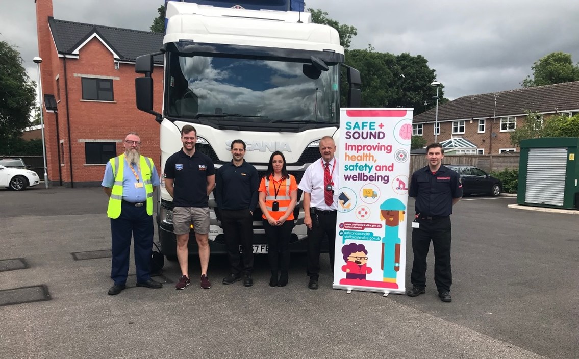 Safe + Sound team L-R Ross- DHL, James Woodhouse - RNLI, Paul Frendo - DHL, Lisa Lewis - Network Rail, Paul Carter - Staffordshire Fire & Rescue, Dave Small - Staffordshire Fire & Rescue