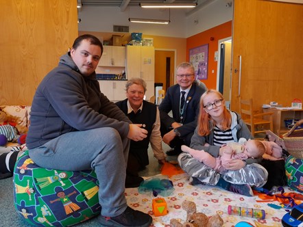 Councillors Cosima Towneley and Michael Green meet Hazel-Rose, Leah and Lee
