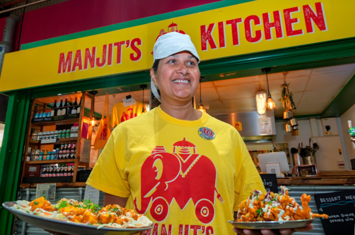 Market Kitchen 2: Manjit Kaur, from Manjit’s Kitchen, celebrates 10 years of the Market Kitchen street food hall at Leeds Kirkgate Market.