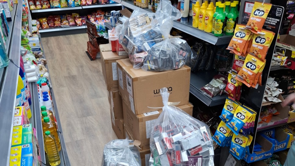 The scene inside the European Mini Market on Manchester Road, Haslingden, which a court has now ordered to close until mid January 2026 for having illegal vapes and tobacco and selling a vape to a child