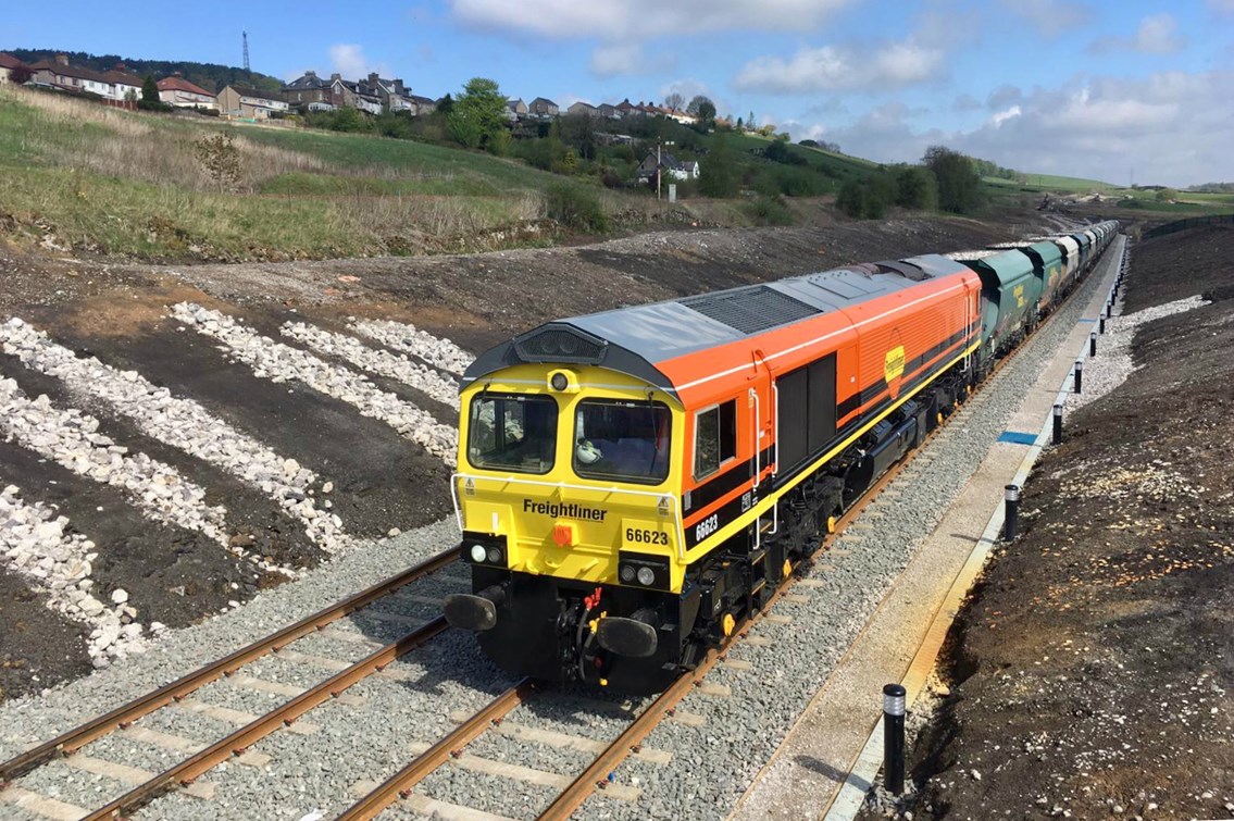 Freightliner freight train using the new sidings in Buxton