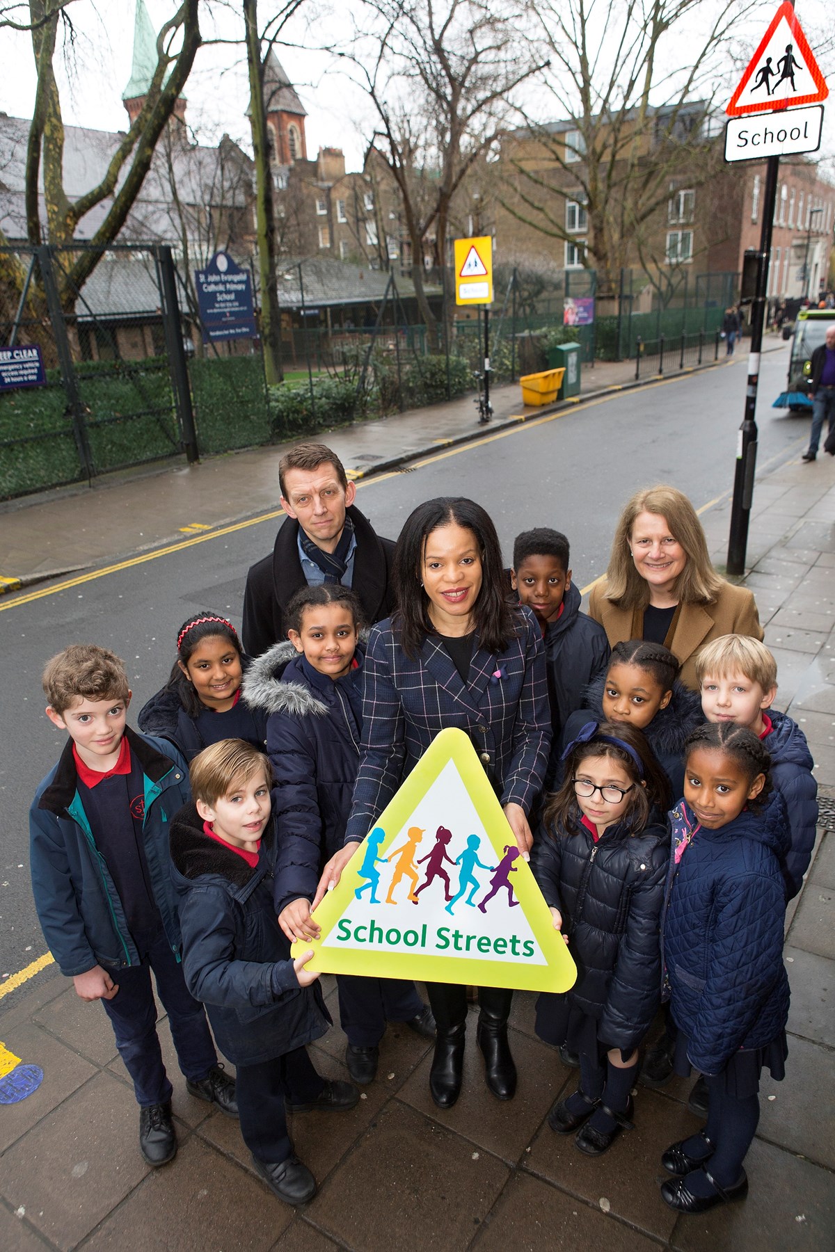 Pupils and staff at St John Evangelist Catholic Primary School, which has Islington's first School Street, with Cllr Claudia Webbe.  NB Picture was taken at start of consultation in March 2018