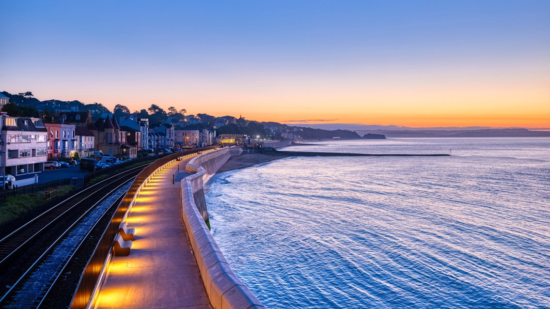 Completed first section of Dawlish sea wall at dusk
