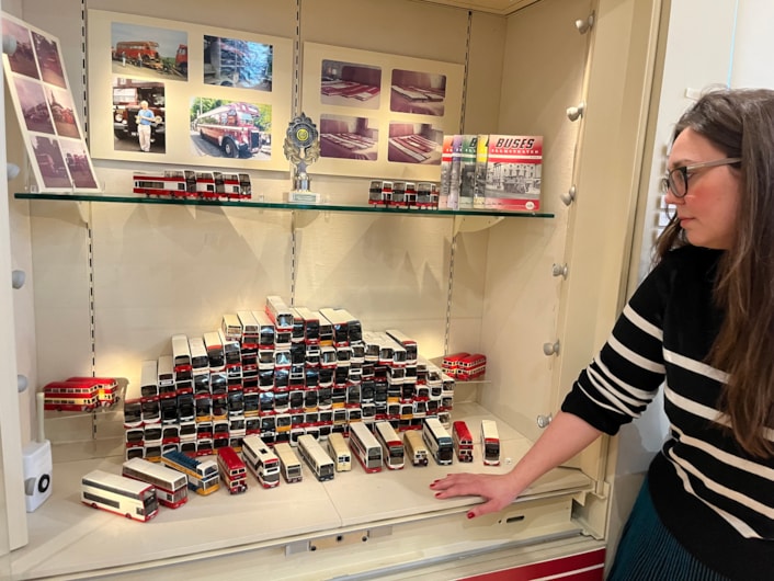 Bus collection: Assistant community curator Sapphia Cunningham-Tate alongside the new display at Leeds City Museum which gives visitors a chance to see a selection of the vast array of replicas created by physicist Dr Gordon Brooke.
The meticulously detailed models each relate to a specific real-life equivalent, complete with service number and with every painstaking detail reproduced using card, packaging and acetate for the windows.