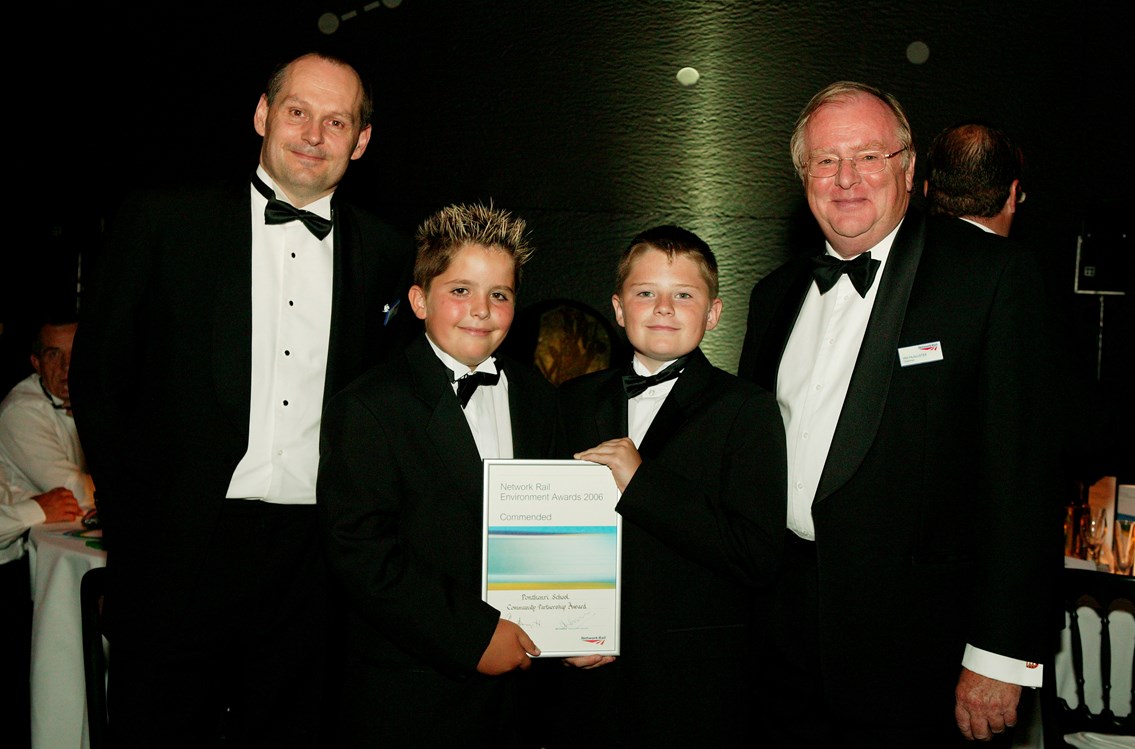 Special commendation - Ponthenri School, Llanelli: Presented by Network Rail's Chairman Ian McAllister and Iain Coucher, Deputy Chief Executive to Kristian Saunders and Ben Millar.
The children were all involved in a clean up campaign to improve their local environment - short listed in the Community Partnership category.