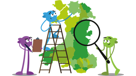 Green cartoon map of Wales with three characters with clipboard, ladder and magnifying glass