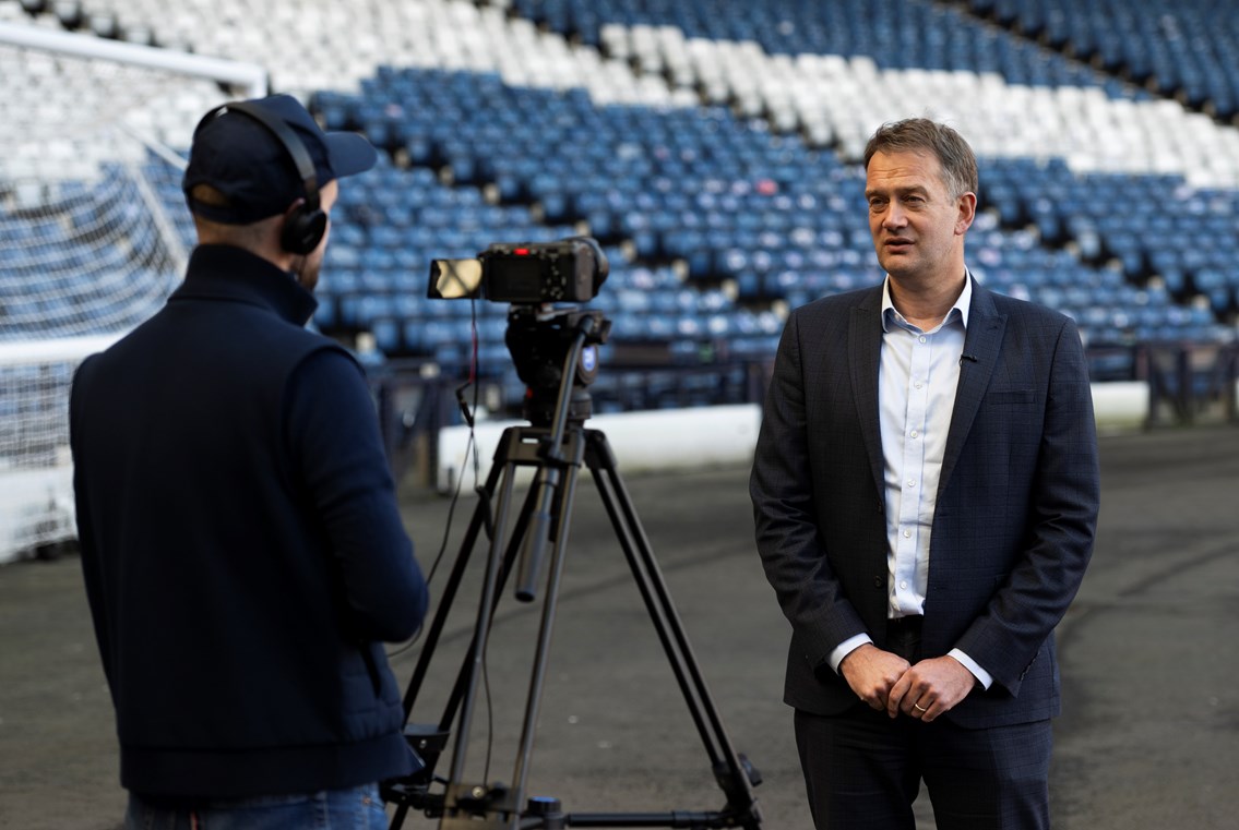 Network Rail Scottish FA partnership 2: GLASGOW, SCOTLAND - FEBRUARY 29: SFA Managing Director Ian Maxwell announces a three-year partnership between Network Rail and the Scottish Football Association at Hampden Park, on February 29, 2024, in Glasgow, Scotland. (Photo by Paul Devlin / SNS Group)